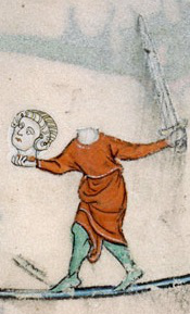 Headless person carrying their head and wielding a sword